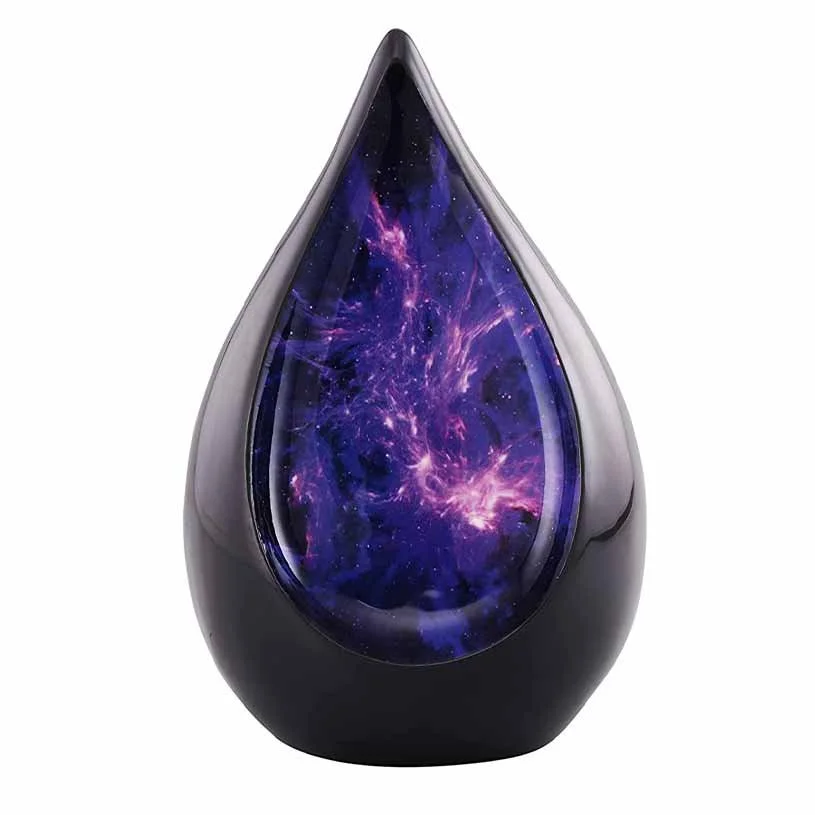 Black tear drop shaped cremation urn for human ashes with galaxy design