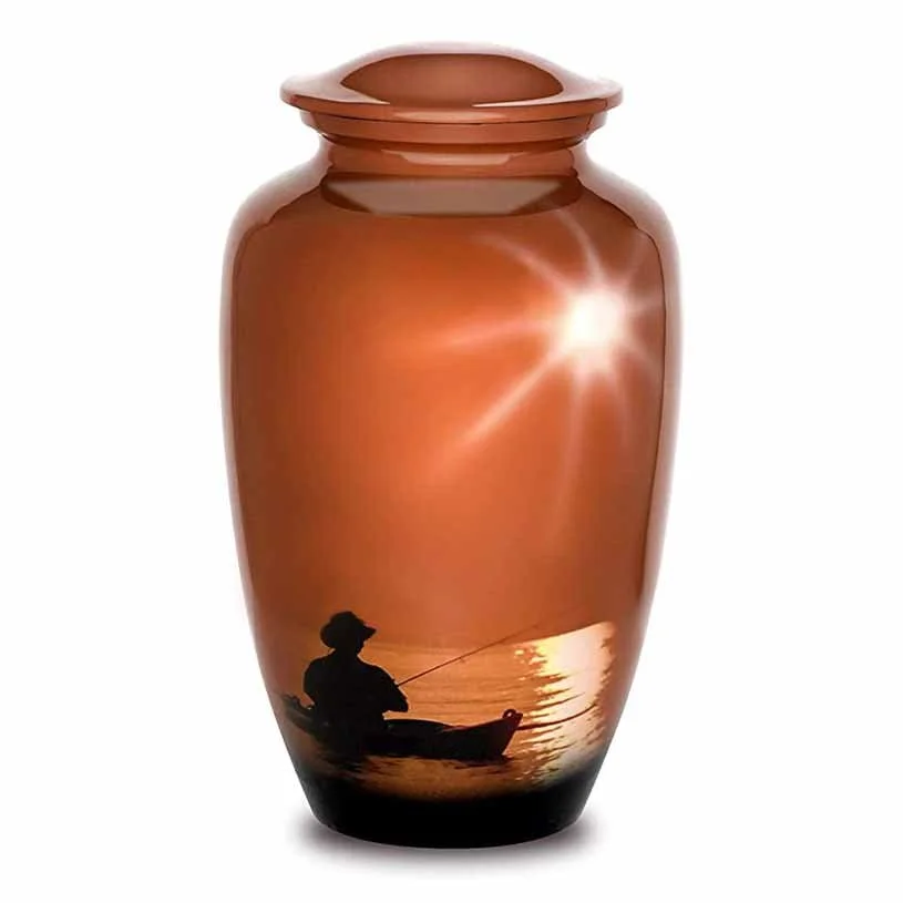 Cremation urn for human ashes with a picture of a fisherman silhouette