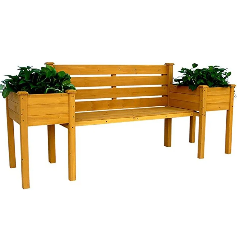 Wood outdoor memorial bench with two garden planters