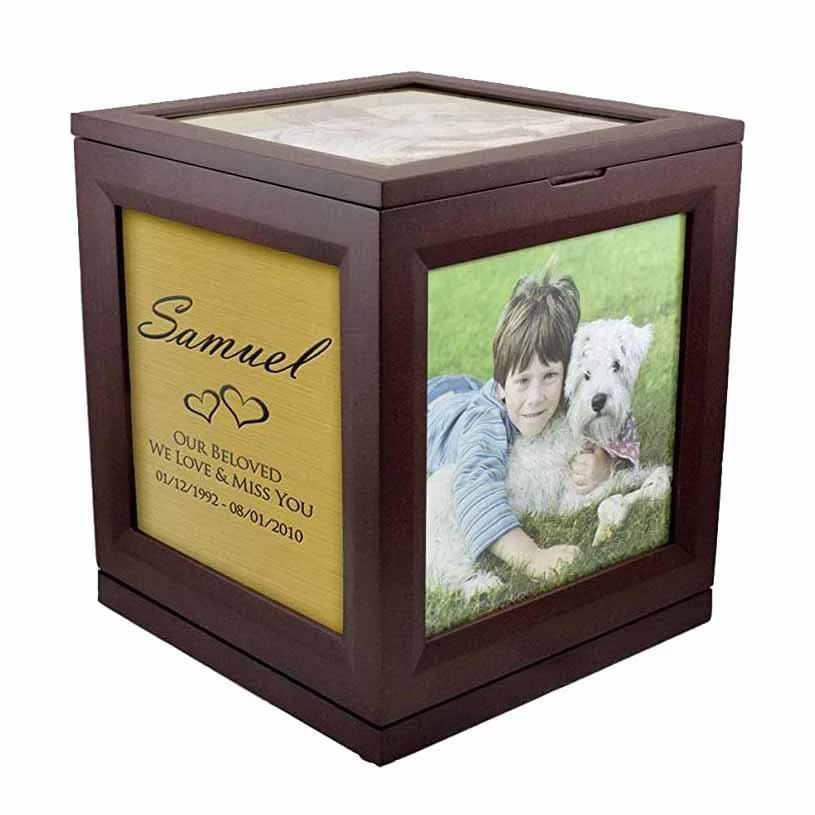 Wood urn shaped like a cube with 5 pictures