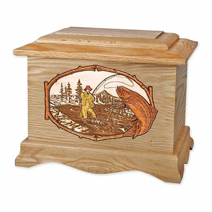 wood urn for human ashes with a fishing inlay