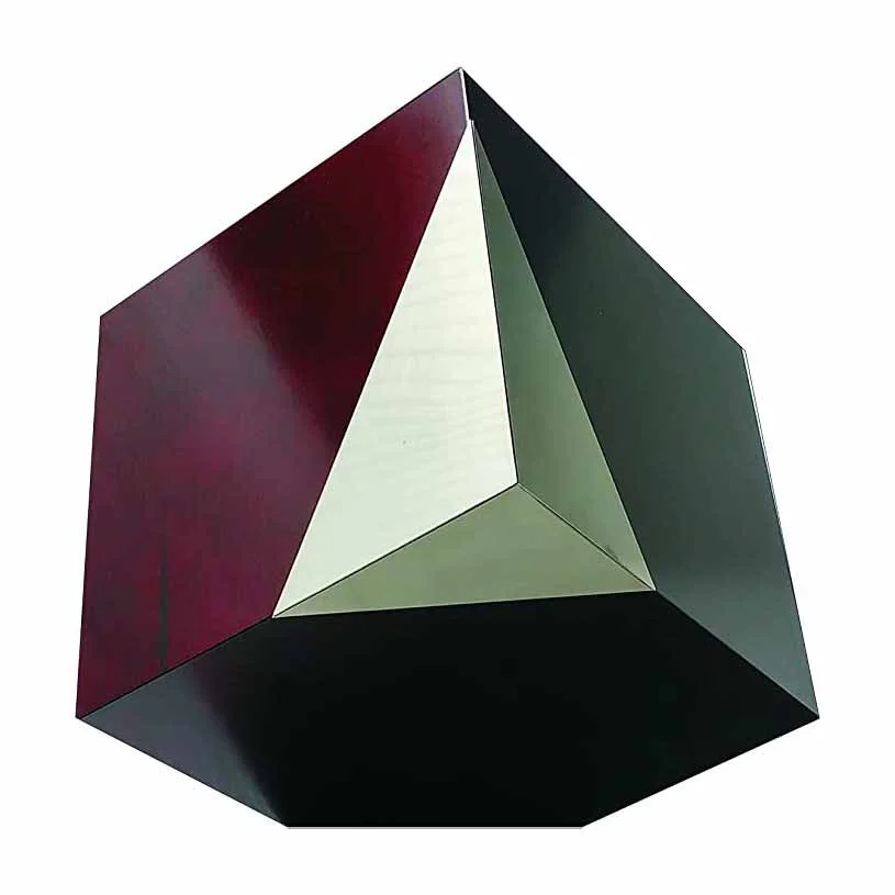 Wood geometric urn shaped like an abstract cube