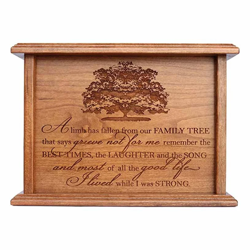 Wood urn with family tree and verse engraving