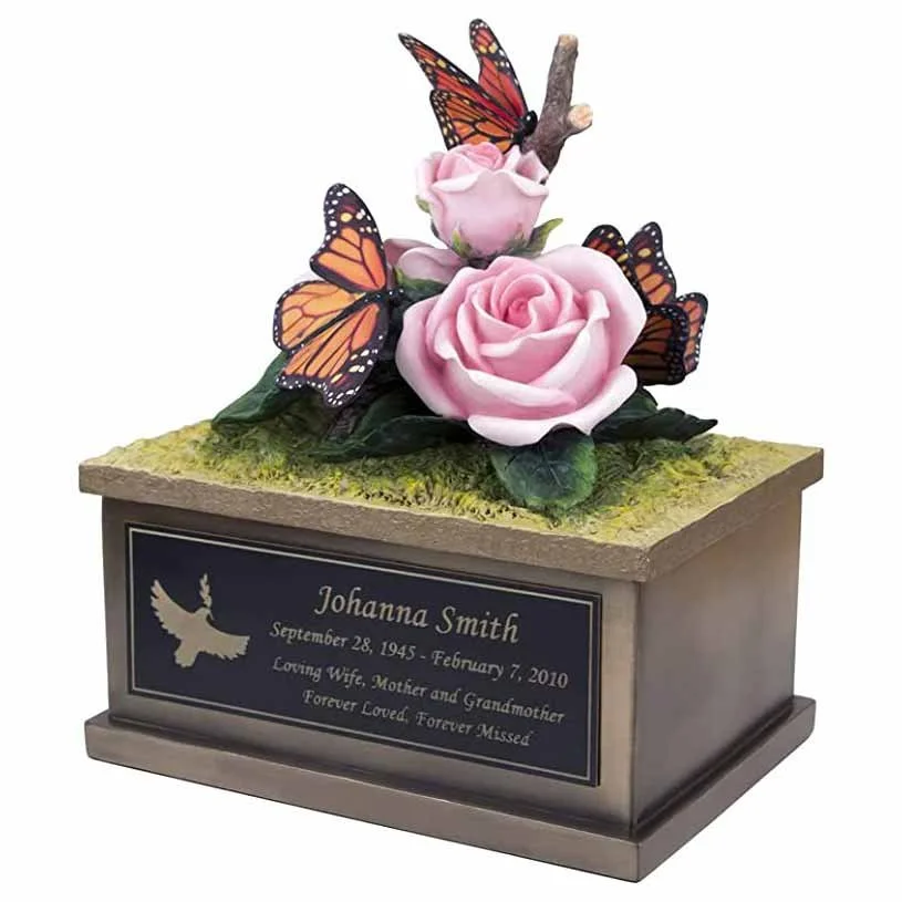 Colorful butterfly and rose urn for human ashes