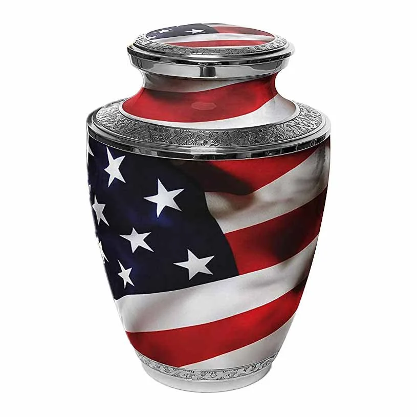 Metal urn for human ashes with a picture of an American flag