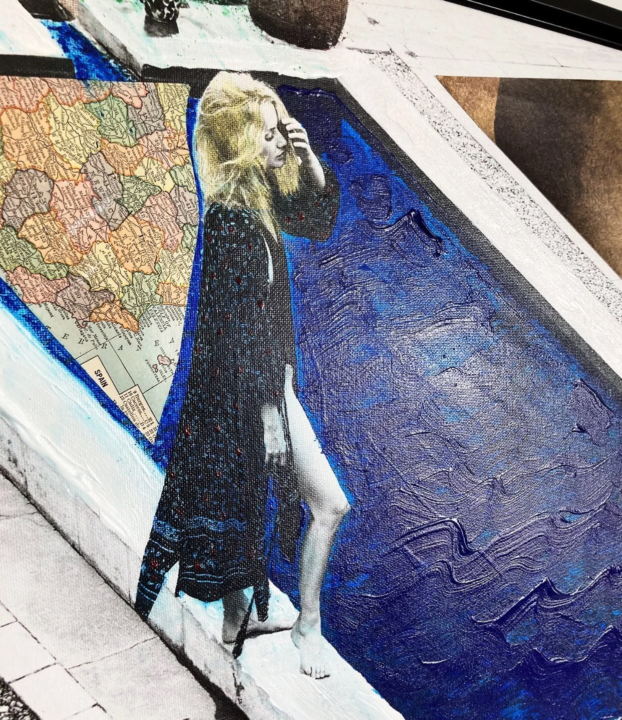POOL X CORDULA, SPAIN, 2022
1-of-1 Original Artwork &middot; 24 &times; 16&rdquo;

A striking mixed-media collage capturing the graphic geometry and quiet sensuality of a Spanish poolside setting. Vintage cartography, hand-applied acrylic and ink, an