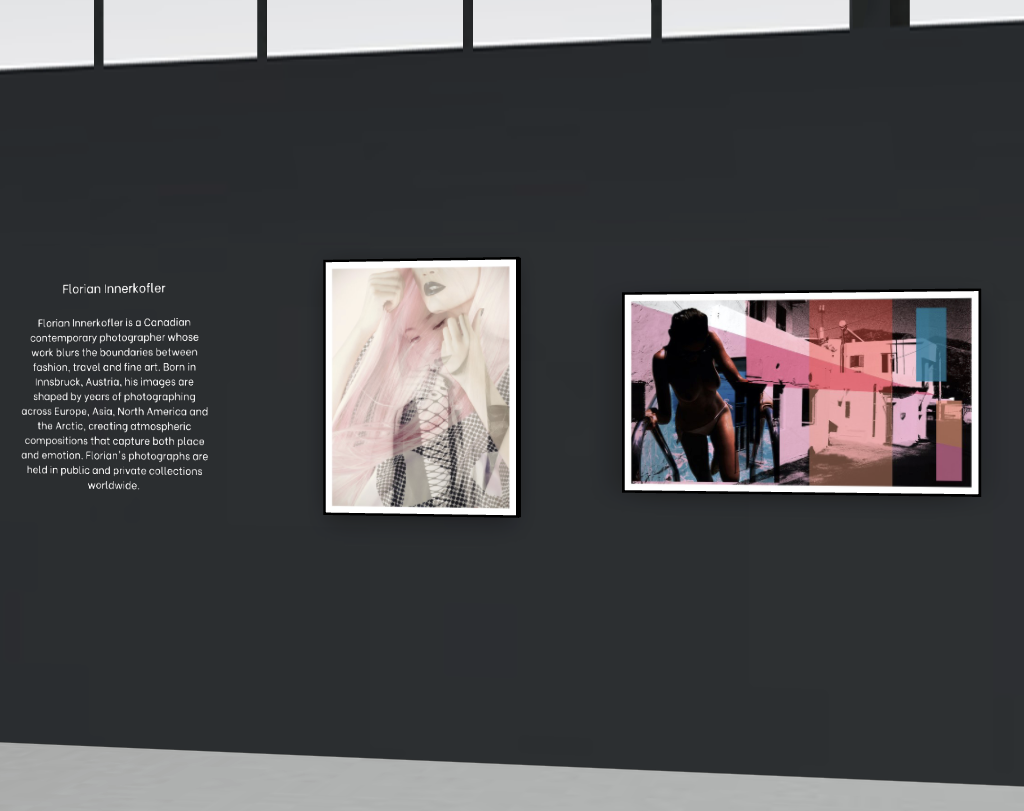 Two photographs displayed on a dark gray gallery wall, with an artist's bio and description of their work written in white text on the left side.