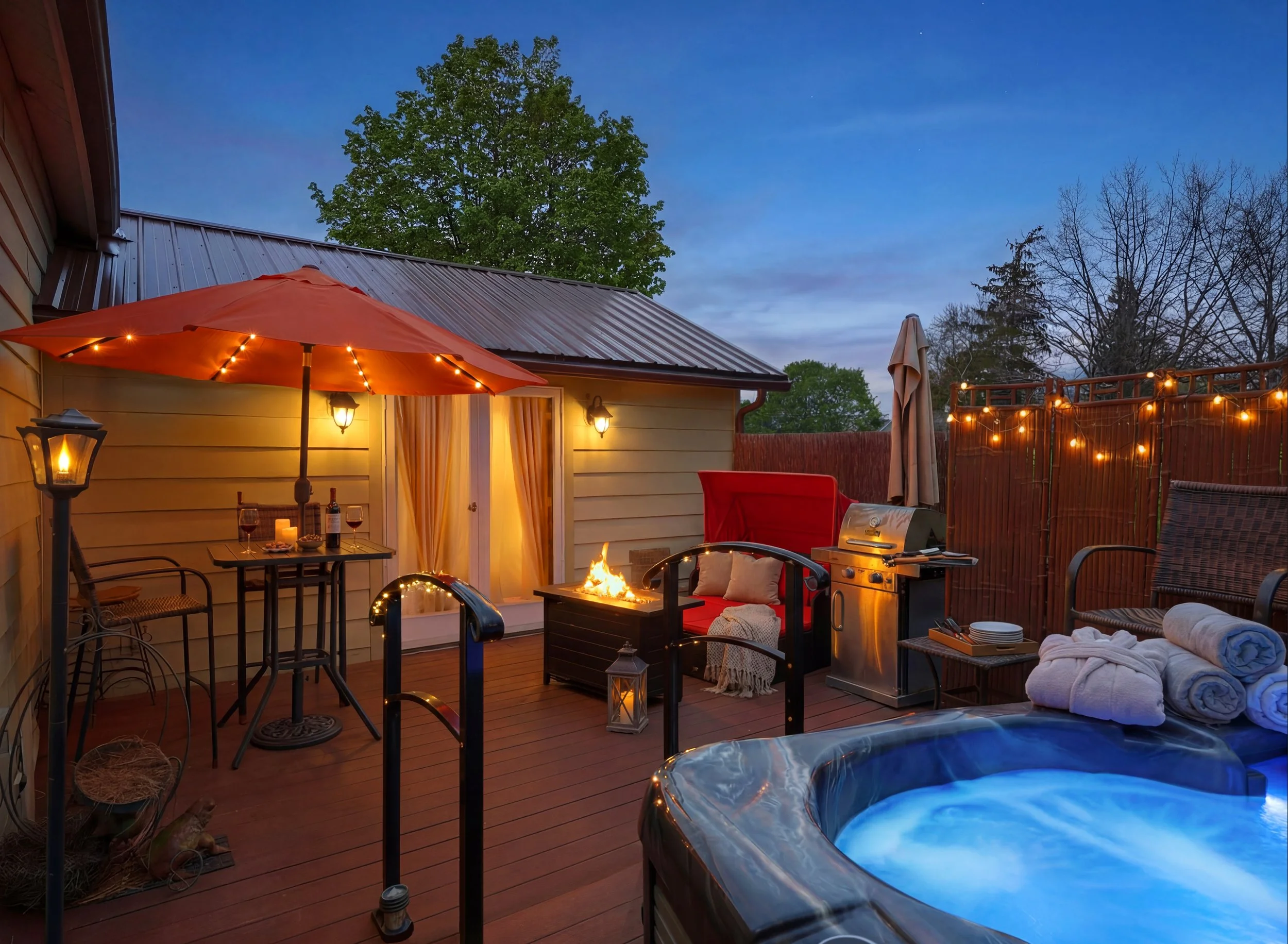 A cozy backyard patio scene at dusk featuring a hot tub, outdoor seating, a fire pit, string lights, an umbrella, and a tree in the background.