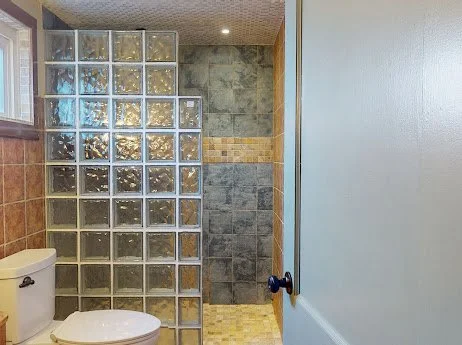 Bathroom with a toilet and a glass block shower wall.