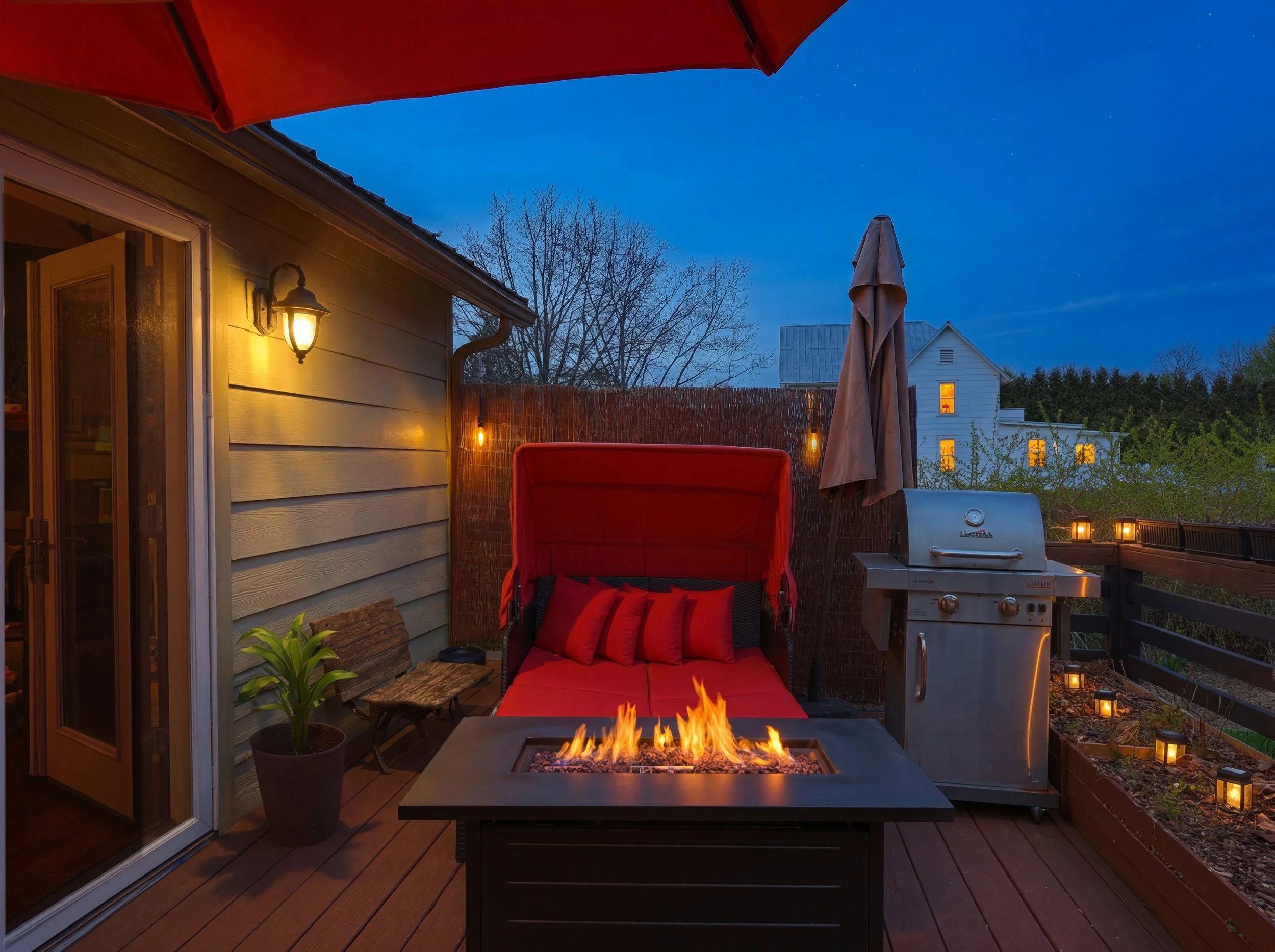 A backyard patio at dusk with a warm lit outdoor wall lamp, a closed patio umbrella, a red cushioned outdoor chair, a potted plant, a propane grill, a fire pit with flames, and small lantern-style lights along a wooden fence.