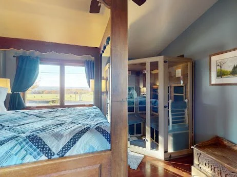 A cozy bedroom with a bed, blue curtains, and a view through the window. There's a mirrored closet and a framed landscape picture on the wall.