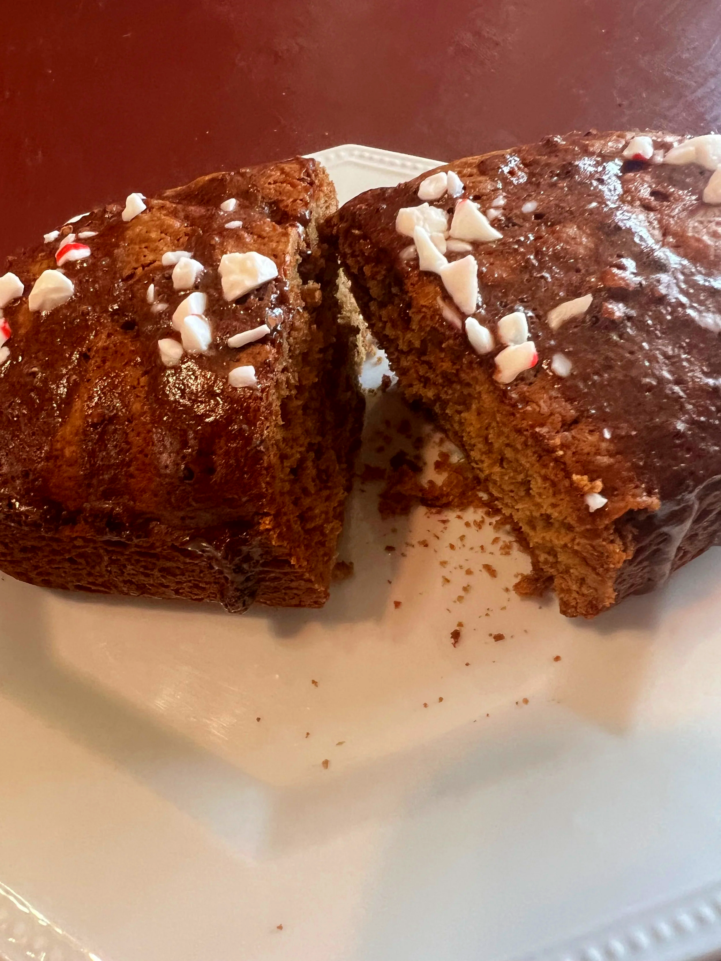 Peppermint mocha bread cut in half