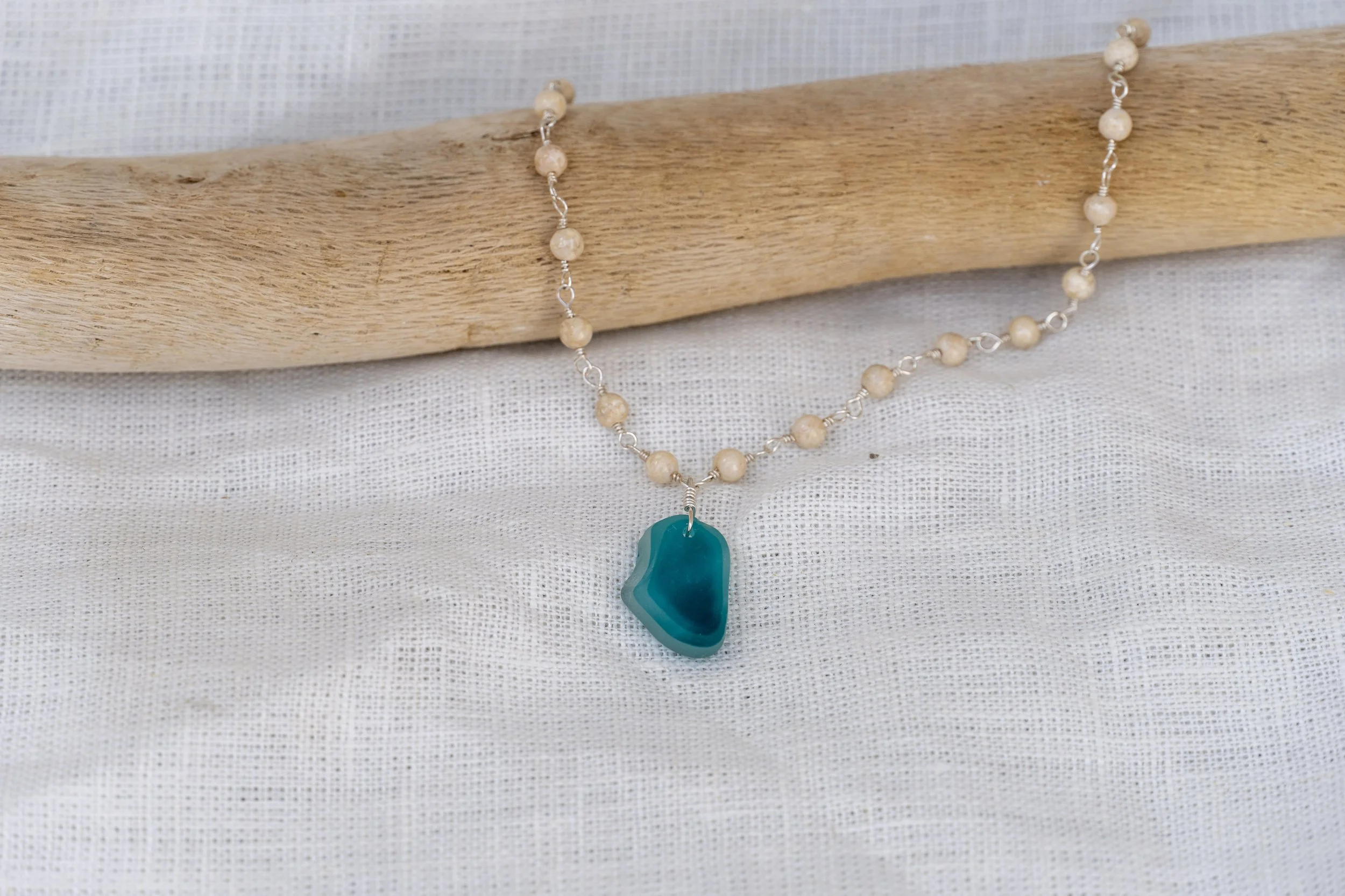 multi-blue colored seaglass necklace
