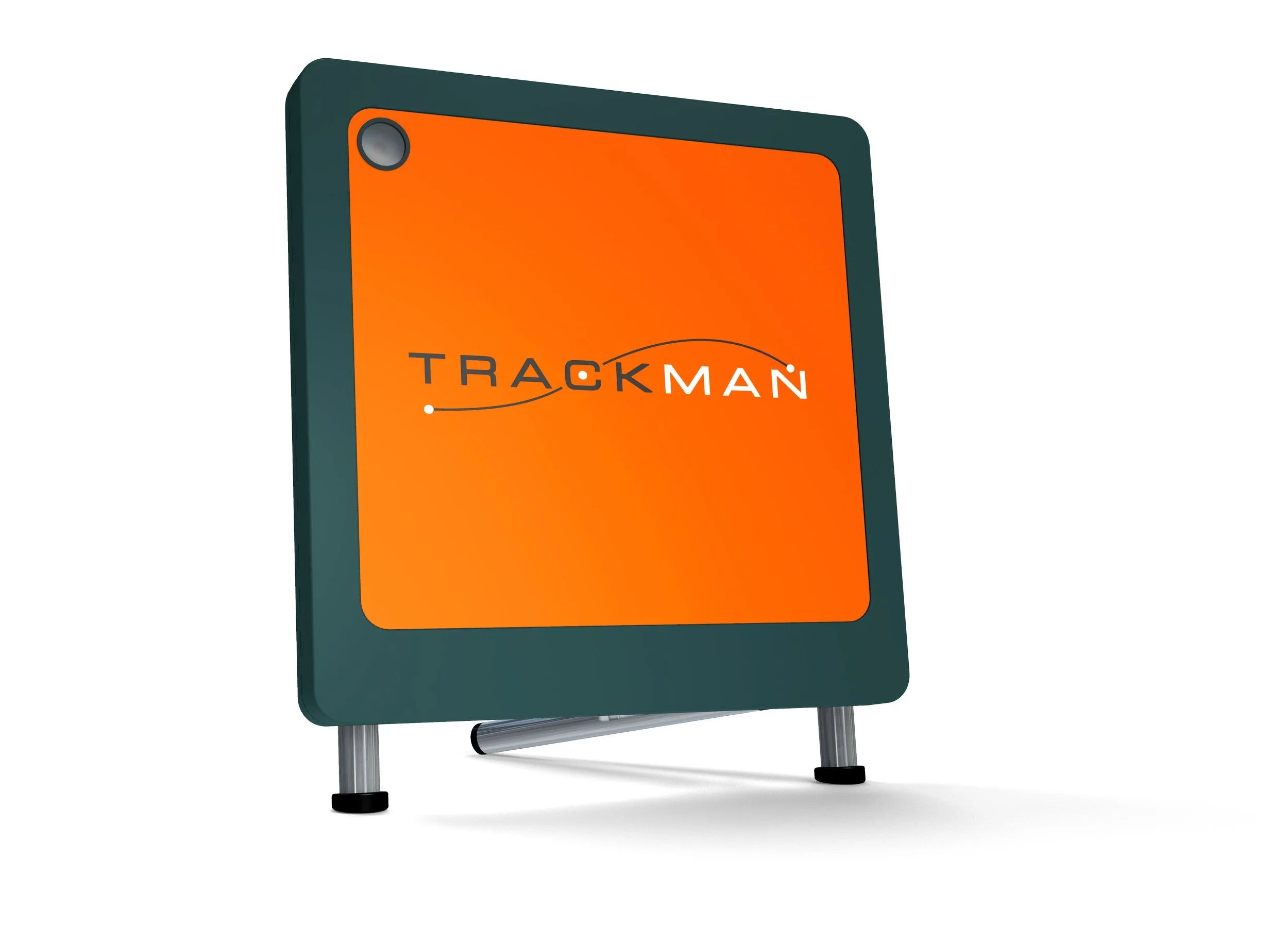 Electronic signboard with orange background displaying the logo and name 'TrackMan' in black and white, supported by two metal legs.