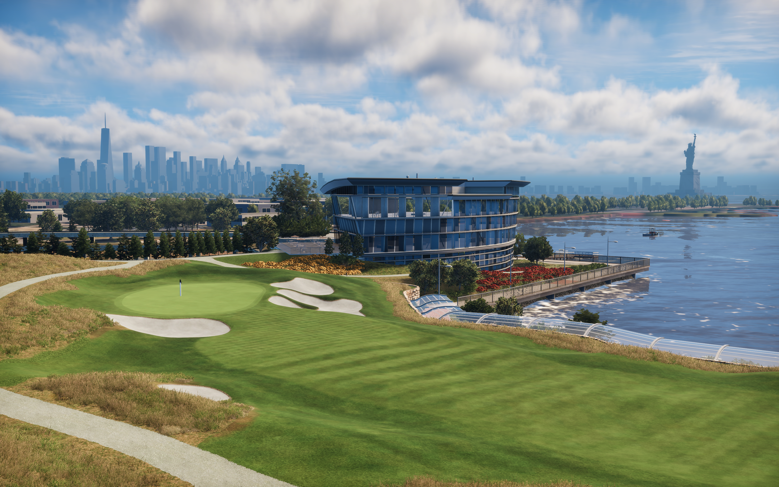 A scenic view of a golf course surrounded by water and greenery with mountains in the background under a partly cloudy sky.