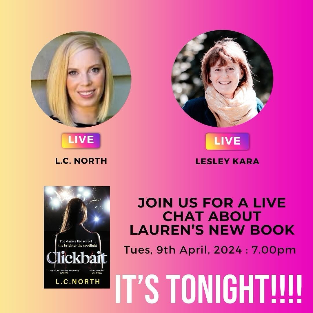 Its&rsquo;s tonight! Do join us at seven if you can!! #instalive #instagramlive #clickbaitbook #clickbait #lcnorth #lesleykara #liveauthorchat