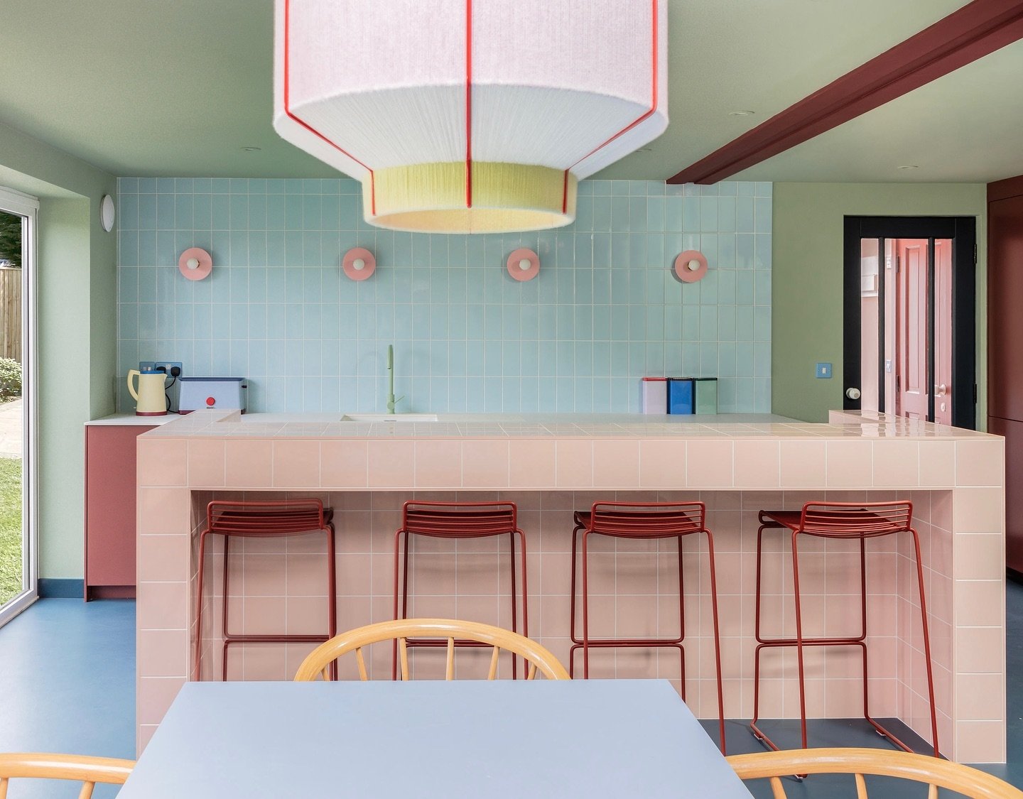 A recently finished home renovation project in Cornwall, by the fab @studio.far.west! Our pink Candy Bracelet&rsquo;s sitting so perfectly here in the new pastel perfect kitchen! 🍬 Look at that kitchen island! 🌸