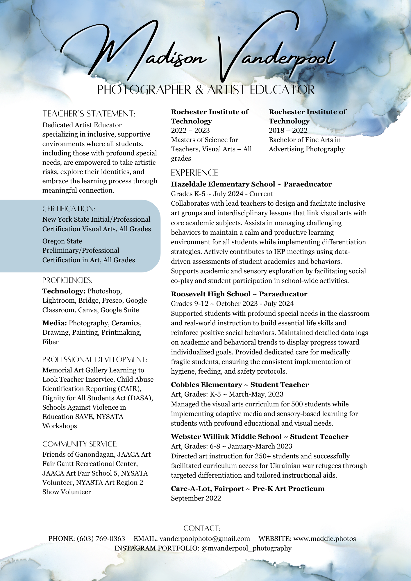 A resume for Madison Vanderpool, an artist educator displaying her work experience, education, community service, and teaching licenses.