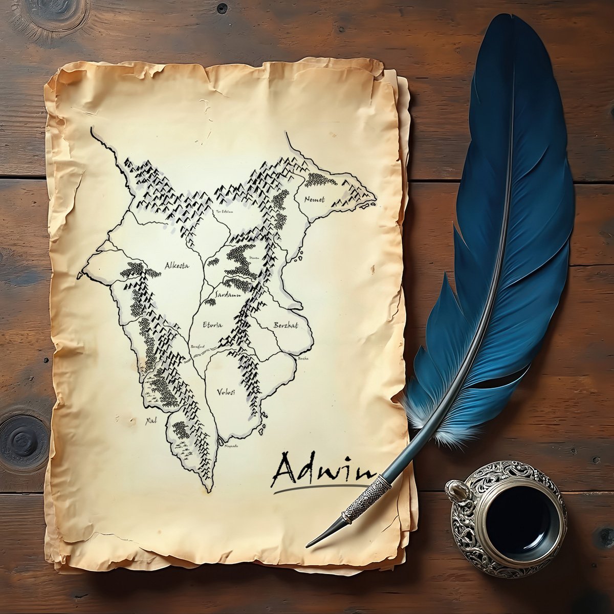 Map of Adwin drawn on a piece of parchment. A blue quill pen and an ink pot lay beside it on a wooden desk.