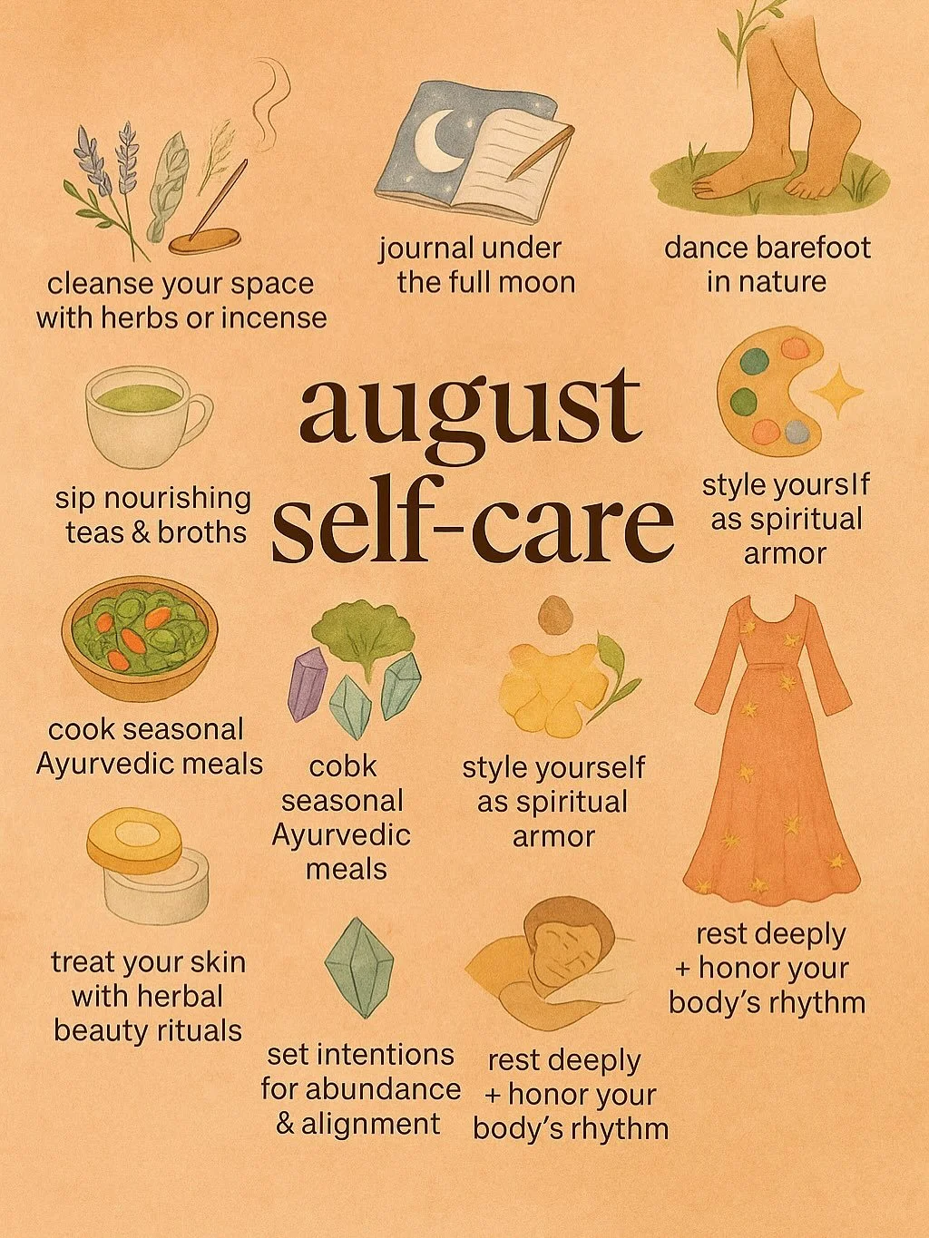 August Self-Care, Kali Holistic Healing Style 🌿✨

	&bull;	Cleanse your space with herbs or incense 🌸

	&bull;	Journal under the full moon 🌕

	&bull;	Sip nourishing teas &amp; broths 🍵

	&bull;	Dance barefoot in nature 🌱

	&bull;	Wear colors that