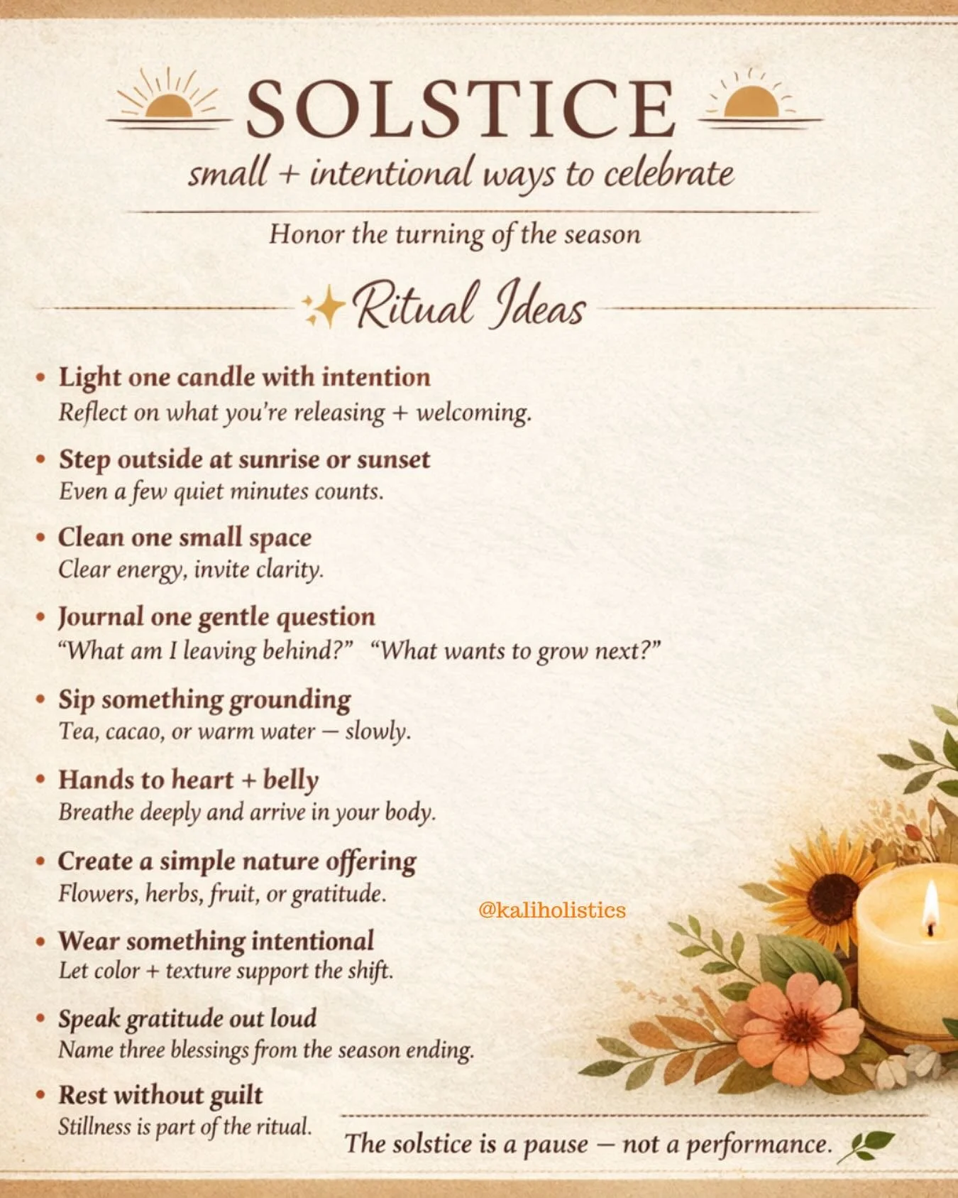 The solstice reminds us that both light and rest are sacred.
You are allowed to move slowly.
You are allowed to pause.
You are allowed to honor this moment in your own way 🌿

	#Kaliholistics
	#HolisticHealing
	#ThetaHealing
	#MindBodySpirit