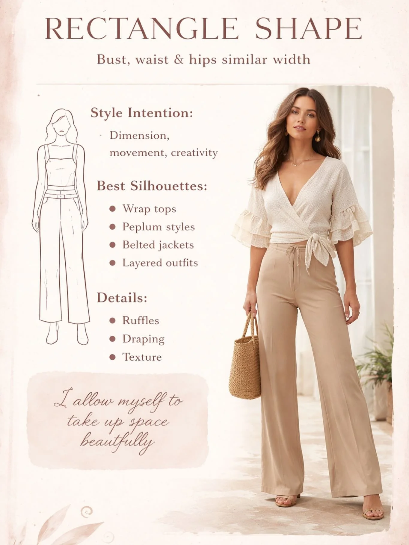 ✨ Rectangle Body Shape ✨
Bust, waist, and hips are similar in width

If you have a rectangle body shape, your frame is beautifully balanced and versatile.
The intention with styling is not to change your body, but to add dimension, movement, and crea