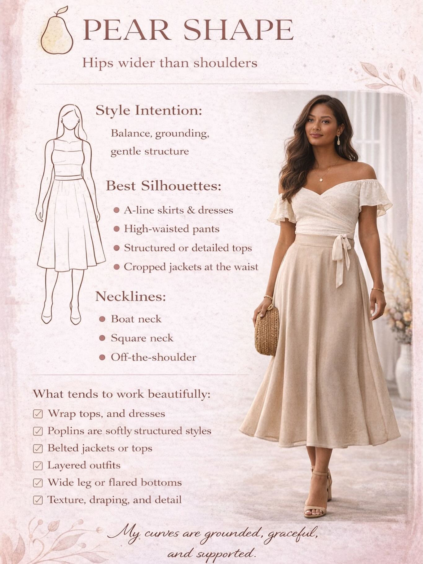 ✨ Pear Body Shape ✨
Hips wider than shoulders

If you have a pear body shape, your curves carry so much natural grace and grounding energy. Styling is not about hiding your hips. It is about creating balance, honoring your waist, and letting your upp