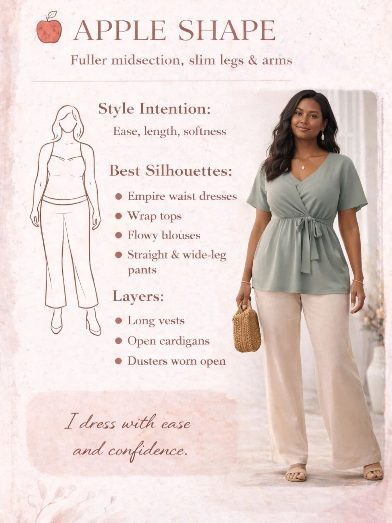 ✨ Apple Body Shape ✨
Fuller midsection with slim legs and arms

If you have an apple body shape, your body carries beautiful softness and strength through the center. Styling for this shape is about creating ease, length, and flow while highlighting 