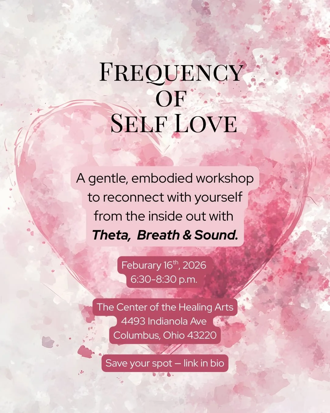 Frequency of Self Love ✨
A Heart-Centered Healing Experience

📍 The Center of the Healing Arts | 4493 Indianola Ave, Columbus, OH | 43214
🗓 Sunday, 2/16/2026
⏰ 6:30&ndash;8:30 PM

Join us for an intimate evening of breath, body, and energy as we at