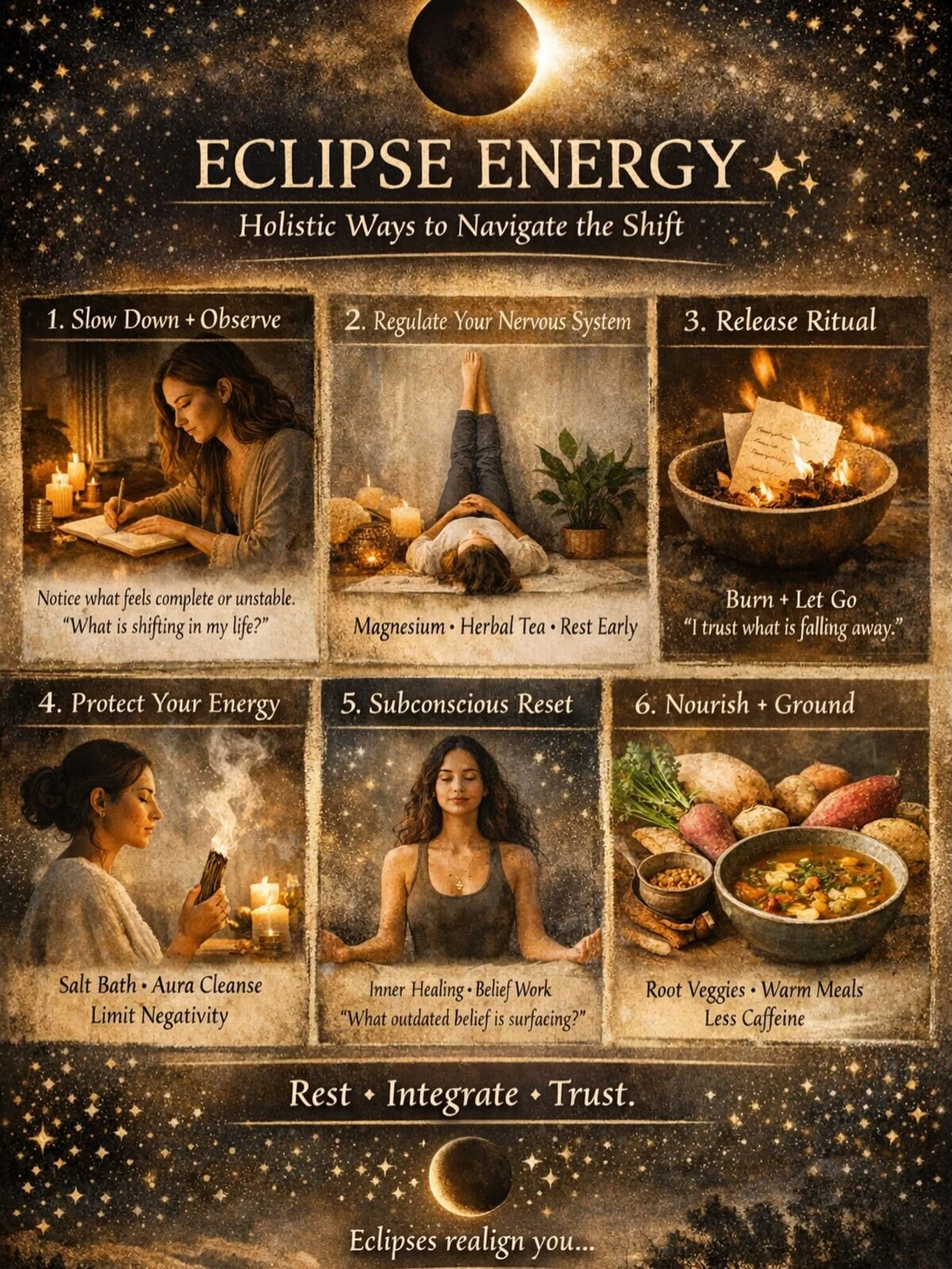 Eclipses are cosmic course corrections.

They illuminate what is unstable, outdated, or no longer aligned and gently, or sometimes abruptly, move it.

This is not a time to grip tighter.

It&rsquo;s a time to soften.

Instead of forcing intentions, t