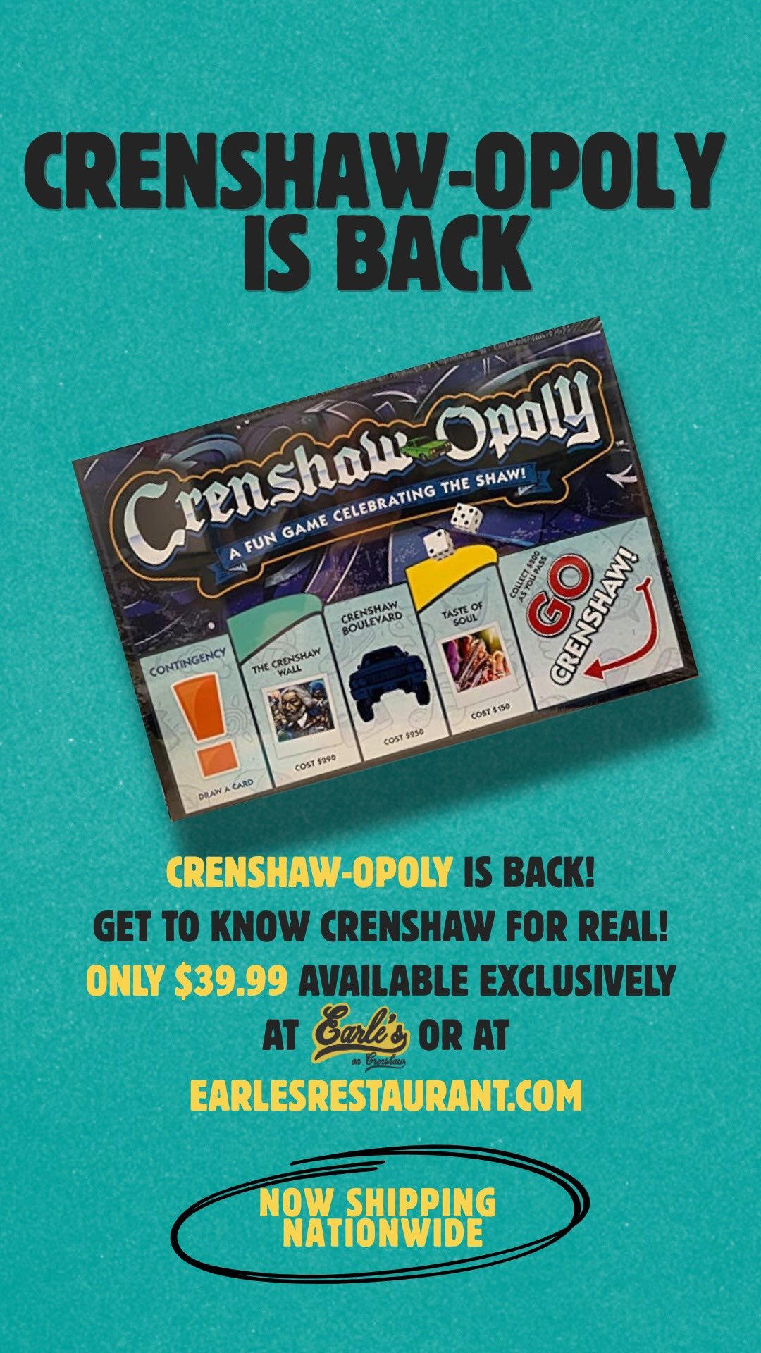 CrenshawOpoly is BACK! π²
Only at Earle’sπ
Available for purchase at Earle’s or shipping nationwide through our website! π¦
π3864 Crenshaw Blvd, Los Angeles, CA 90008
π(323)299-BUNS
π₯Open 10:30am-9pm Mon-Sat (closed Sun)
π¨πΎ‍π»E