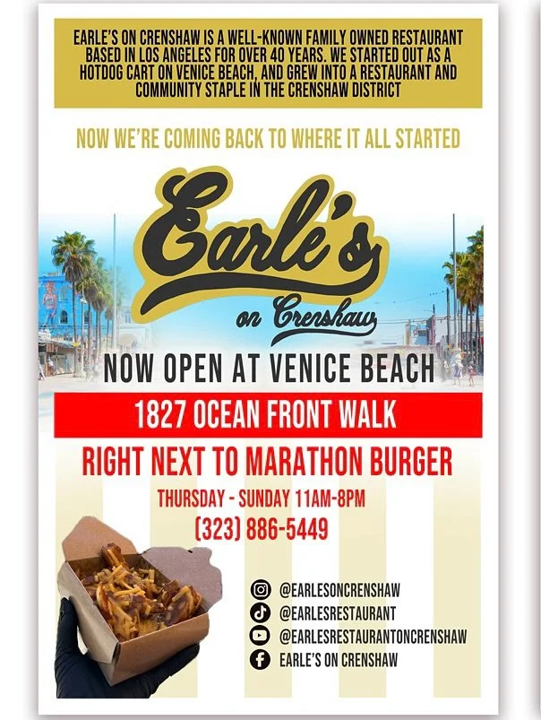 Big news! π°
Have you heard?
Earle’s in coming to Venice Beach for a limited time ππ
This Thursday, September 18th we’ll be giving out FREE chili cheese fries & Playas Punchπ₯€
You don’t want to miss this!
π1827 Ocean Front W