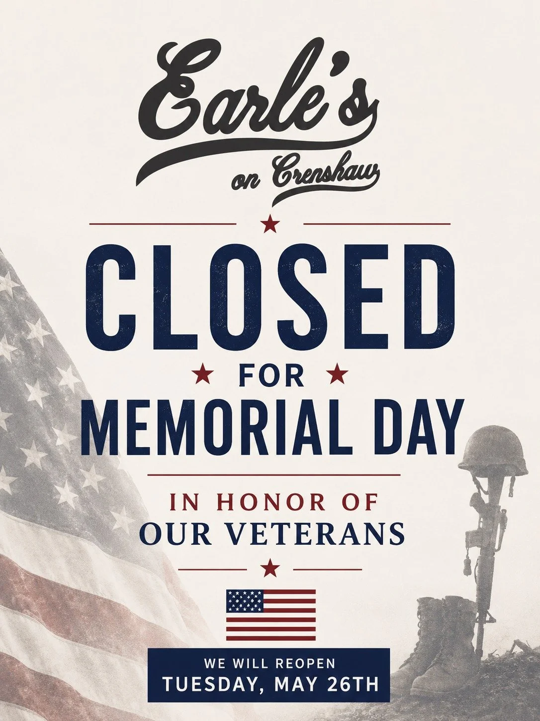 Hello everyone, hope you're doing well. We will be closed this upcoming monday in observance of memorial day. 
#closure #memorialday