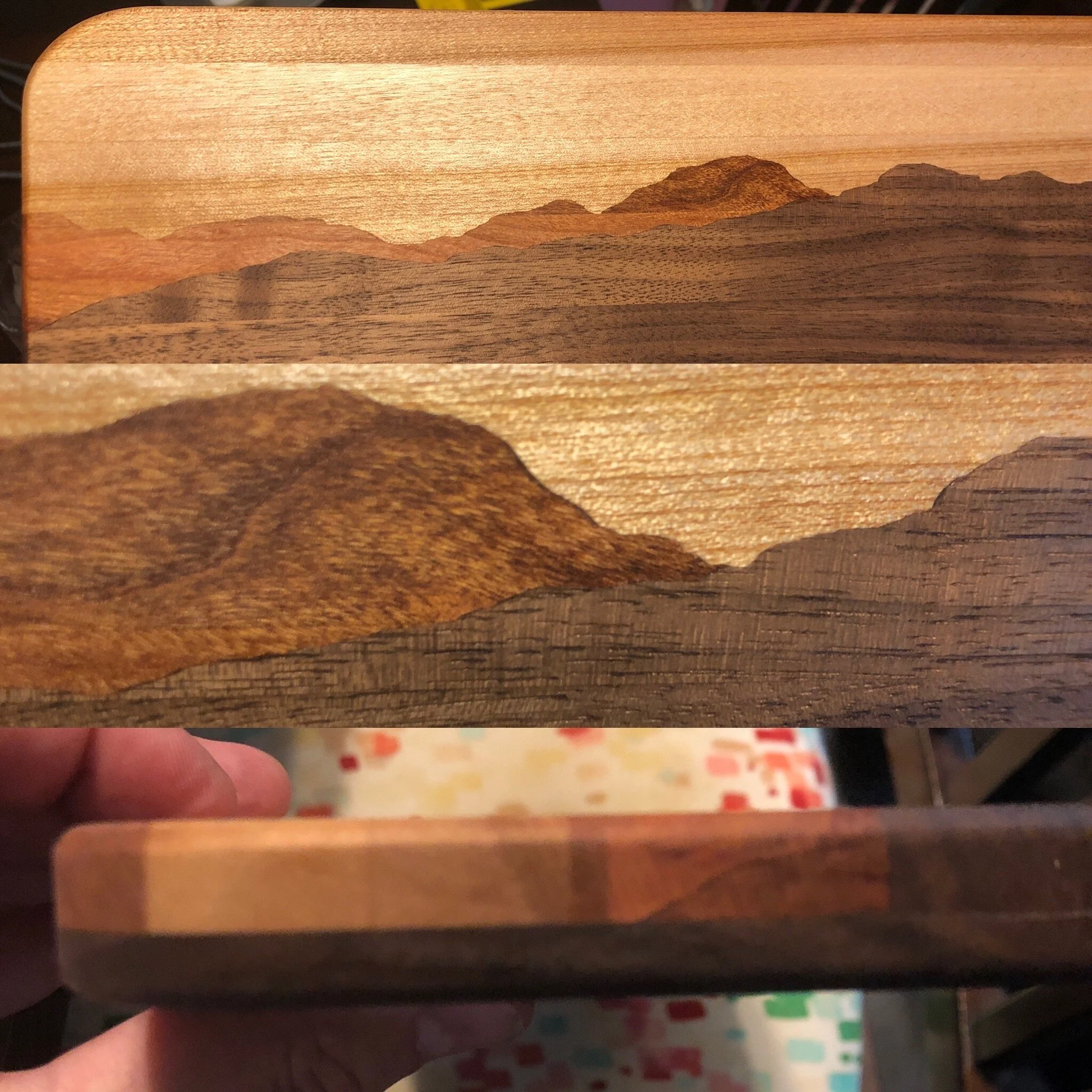 Custom inlay cheese board.  Used a photo of the customer's landscape to make the inlays.