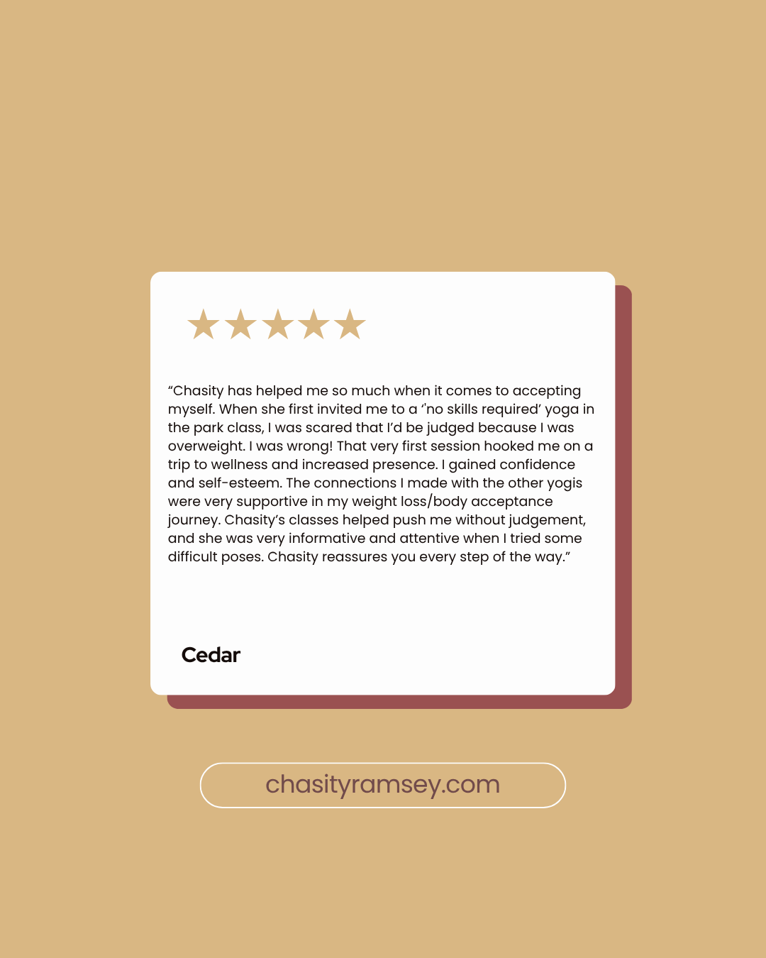 Customer review with five stars, praising Chasity Ramsey for her support in yoga classes and weight loss journey, with her website chasityramsey.com shown below.