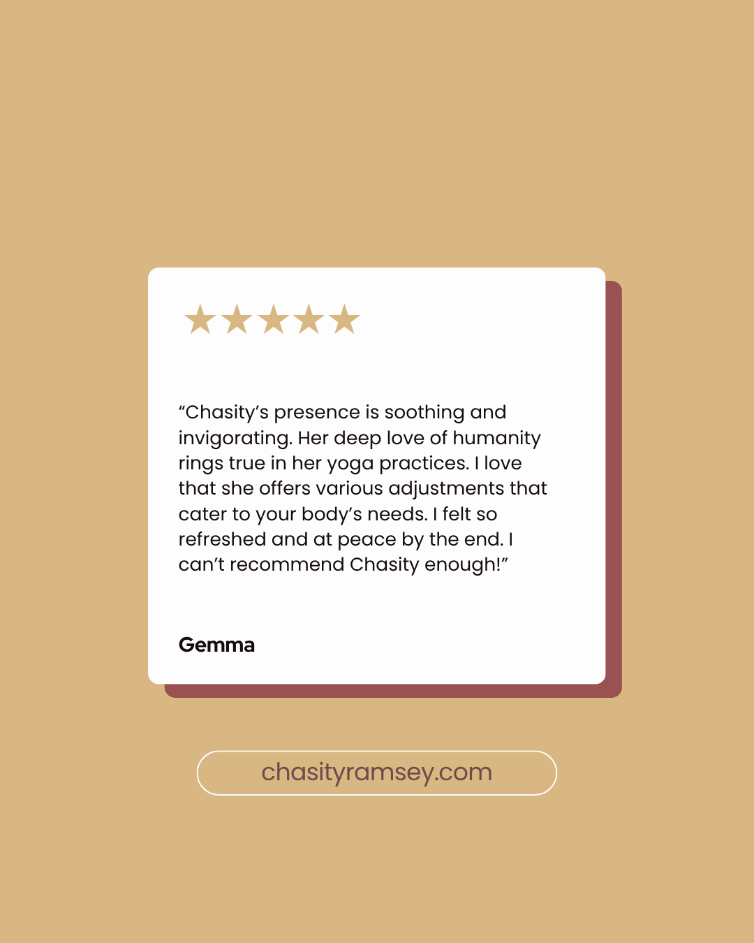 Customer review of Chasity Ramsey website with five-star rating and testimonial praising her yoga services, URL at the bottom.