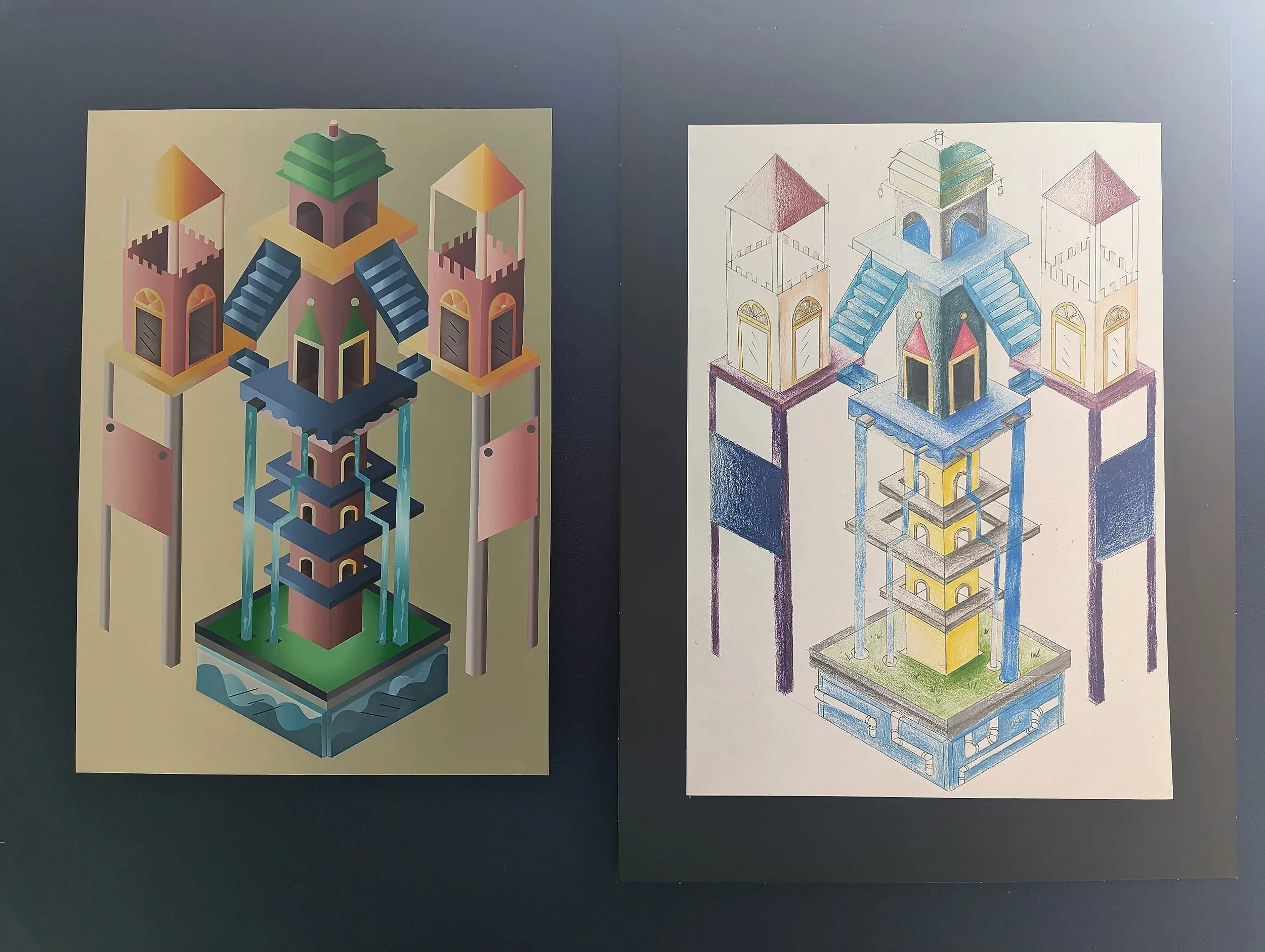 Year 8 Visual Communication Design - Geometric monument artworks first designed by hand on grid paper before being digitised and rendered on Adobe Illustrator 