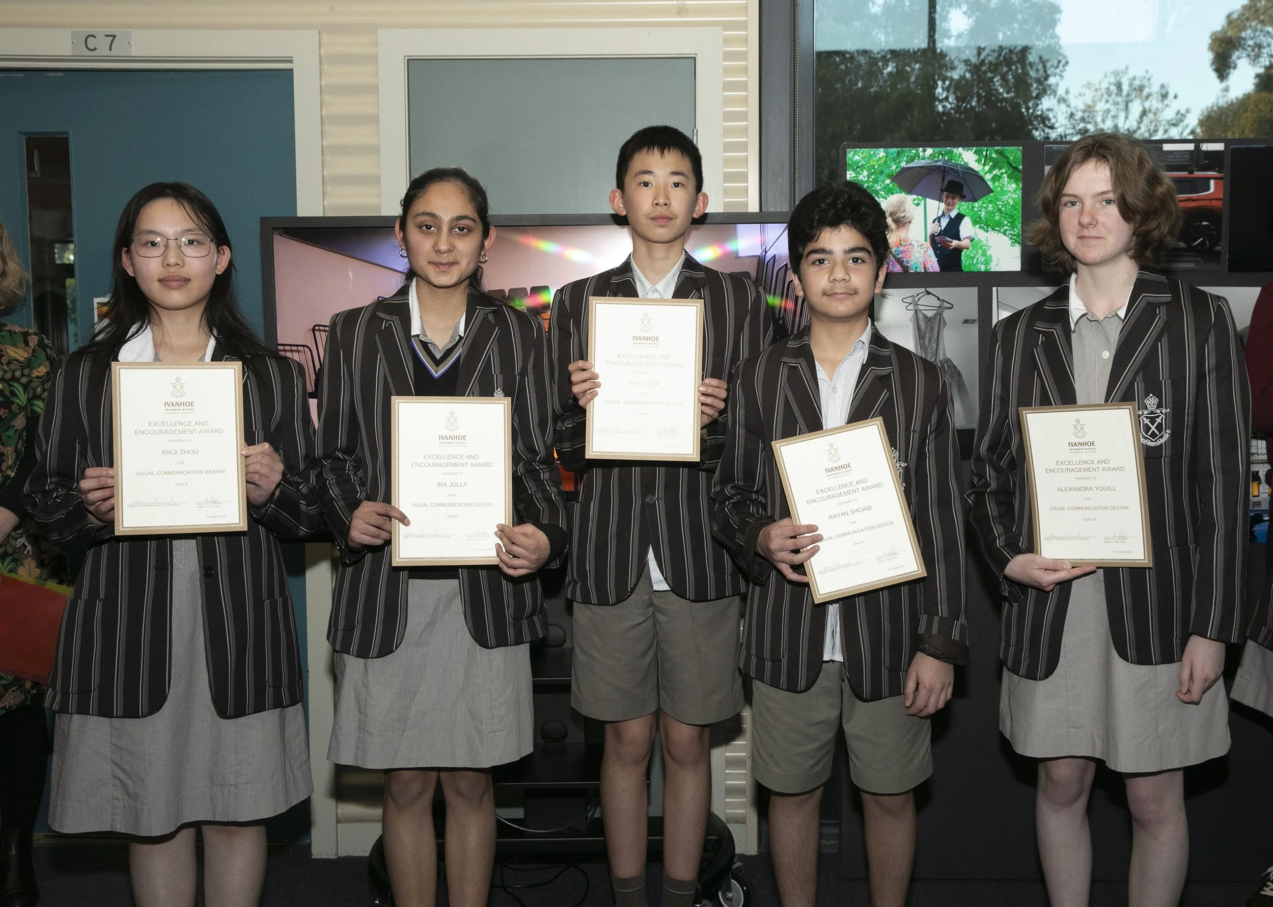 Excellence and Encouragement in Visual Communication Design, Year 8. 
Left to Right: Aniq Zhou, Ira Jolly, Ray Chen, Rayan Shoaib, Alexandra Youili. 