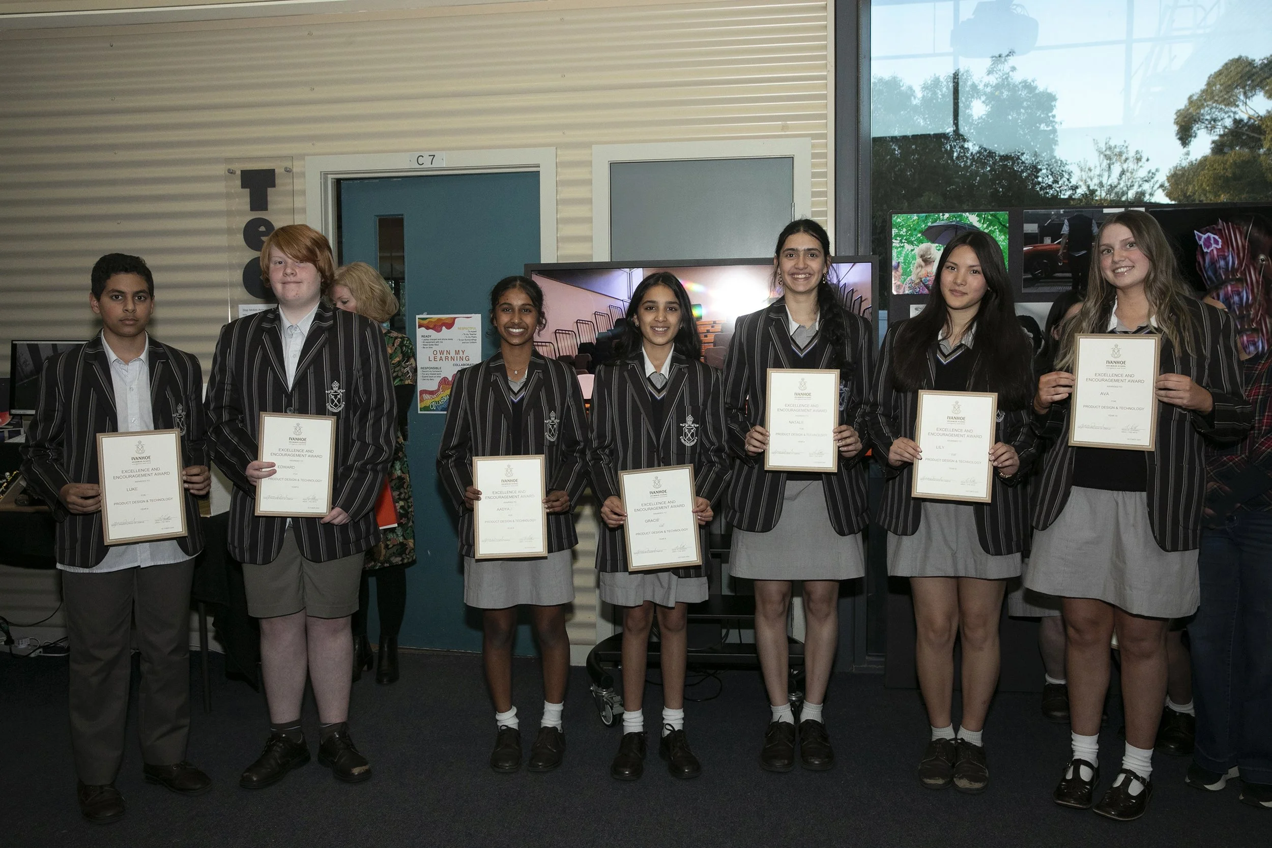 Excellence and Encouragement in Product Design and Technology, year 8. 
Left to Right: Edward, Aadya, Gracie, Natalie, Lily, Ava.