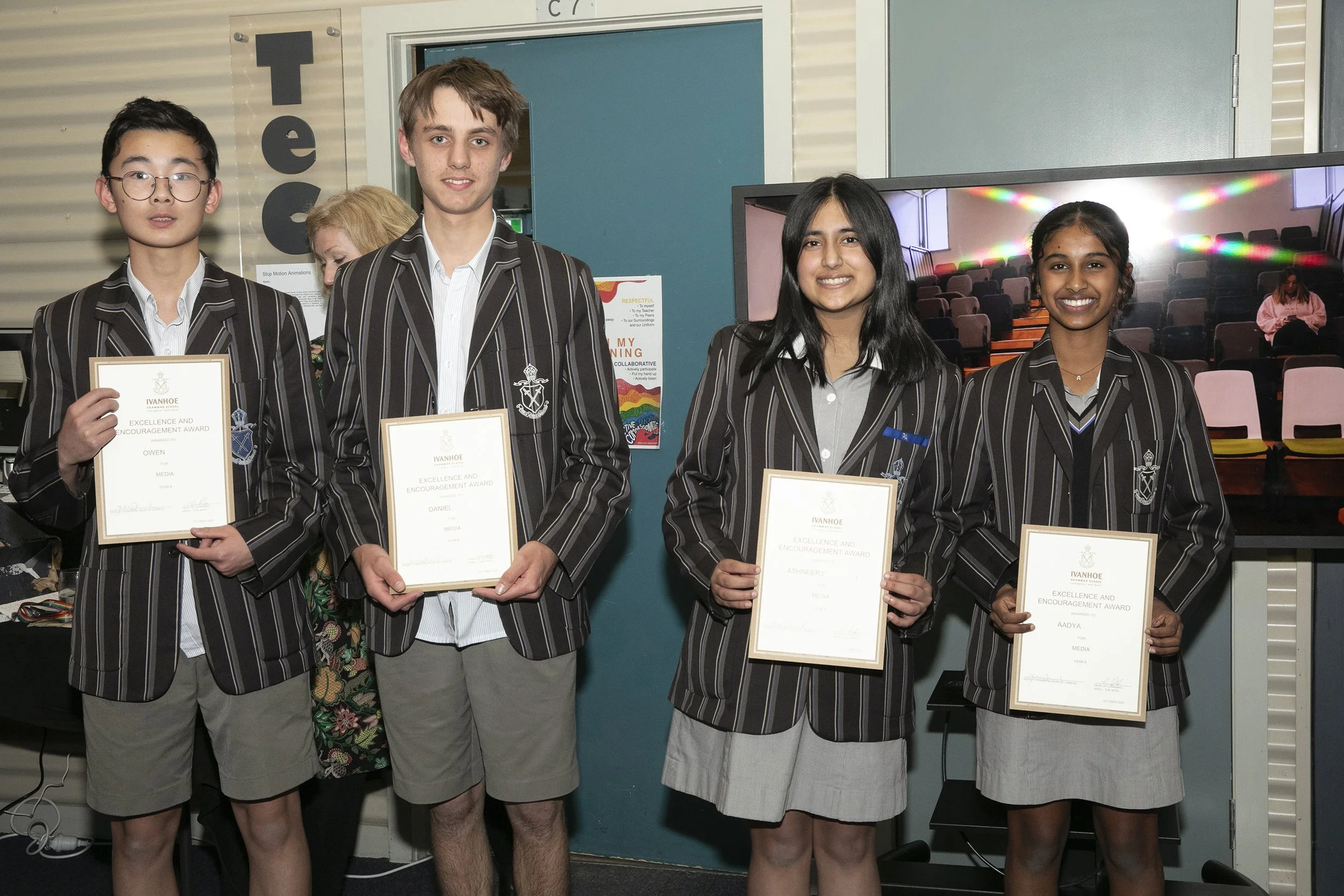 Excellence and Encouragement in Media, year 8 
Left to Right: Owen, Daniel, Ashneer , Aadya 