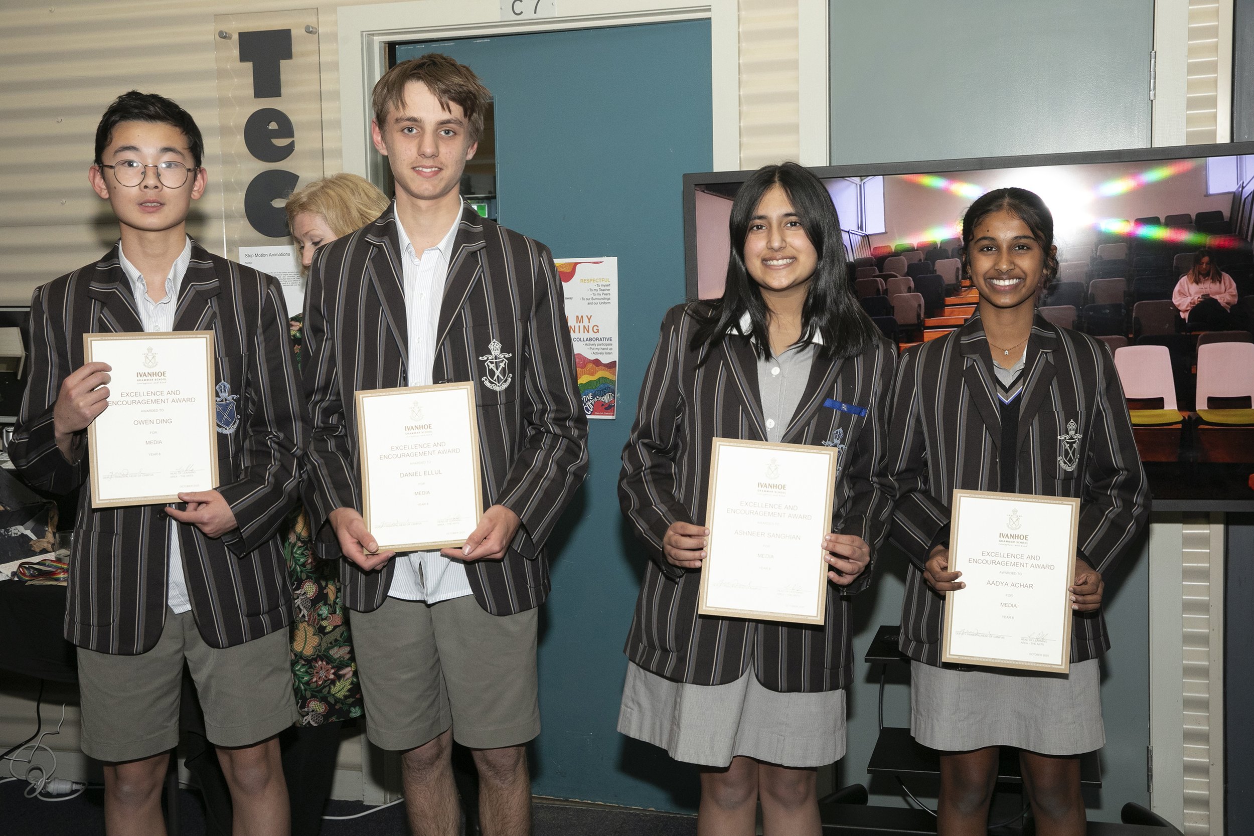 Excellence and Encouragement in Media, year 8 
Left to Right: Owen Ding, Daniel Ellul, Ashneer Sanghian, Aadya Achar 