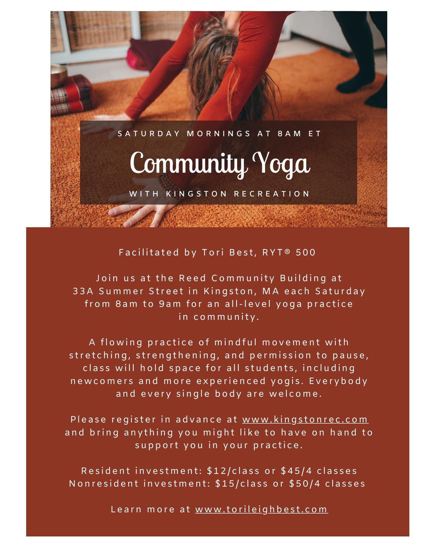 Thank you again to everyone that made indoor yoga at Kingston Recreation Department on Saturday mornings happen! I'm incredibly grateful for the folks who volunteered to open the building for us since the Reed is typically closed on the weekends. The