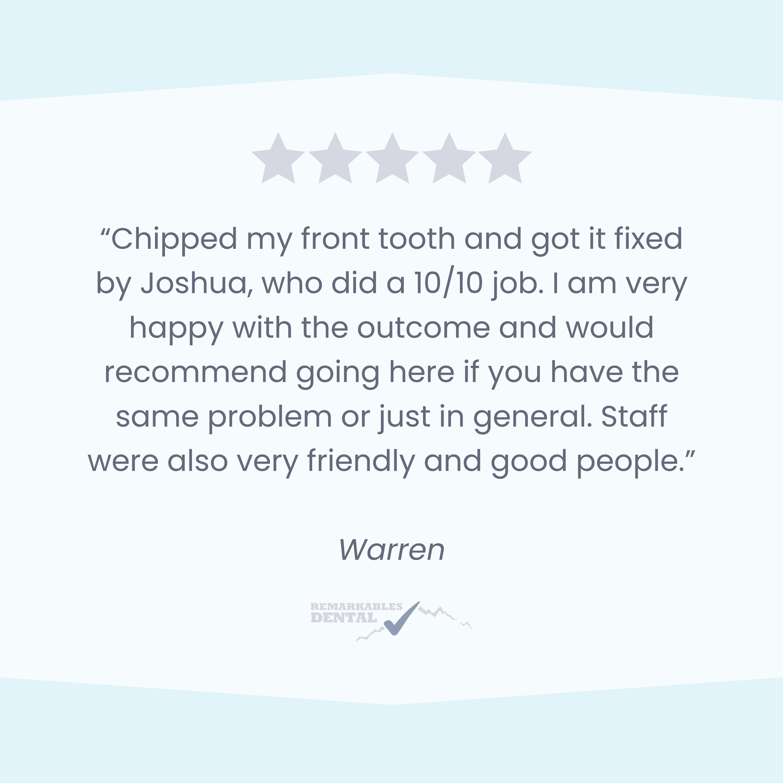 Thanks for the great review Warren! Dr Josh Evan&rsquo;s is a great dentist 👏🏼💫