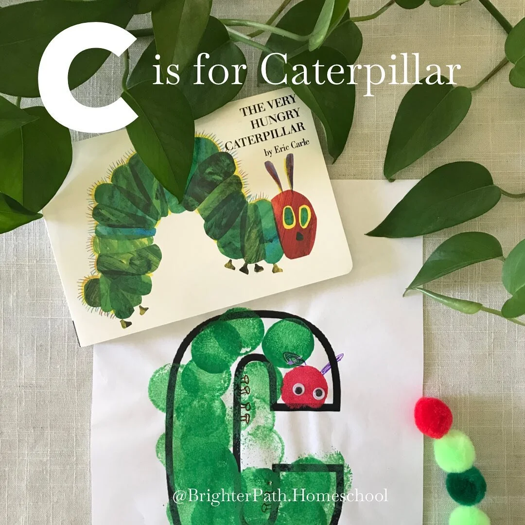 🐛 C is for Caterpillar (and Crab) 🐛
This week in the Brighter Path Preschool Plan we&rsquo;ll be reinforcing the letter C by:
🐛 Reading books about caterpillars
🐛 Making pom-pom caterpillars as we learn about colors
🐛 Watching a butterfly emerge