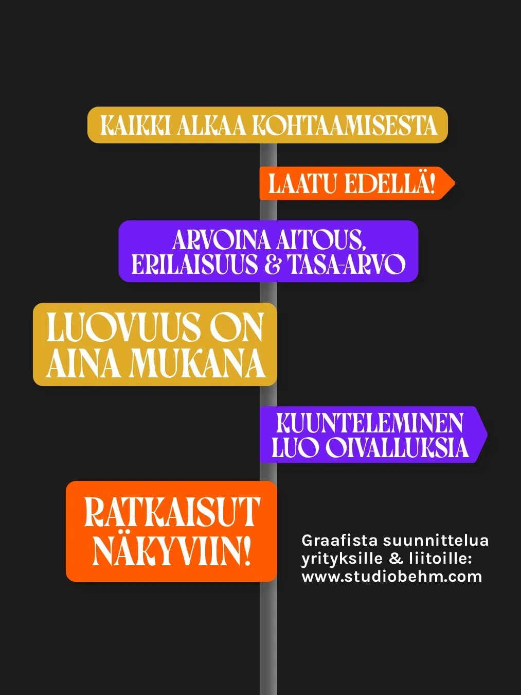 T&auml;m&auml; aika on niin t&auml;ynn&auml; negatiivisia kieltoja ja kylttej&auml;, ett&auml; ker&auml;sin t&auml;h&auml;n sen sijaan 6 positiivista asiaa, mist&auml; Studio Behmiss&auml; on kyse. Jos ei viel&auml; tunneta, otahan seurantaan ja lait