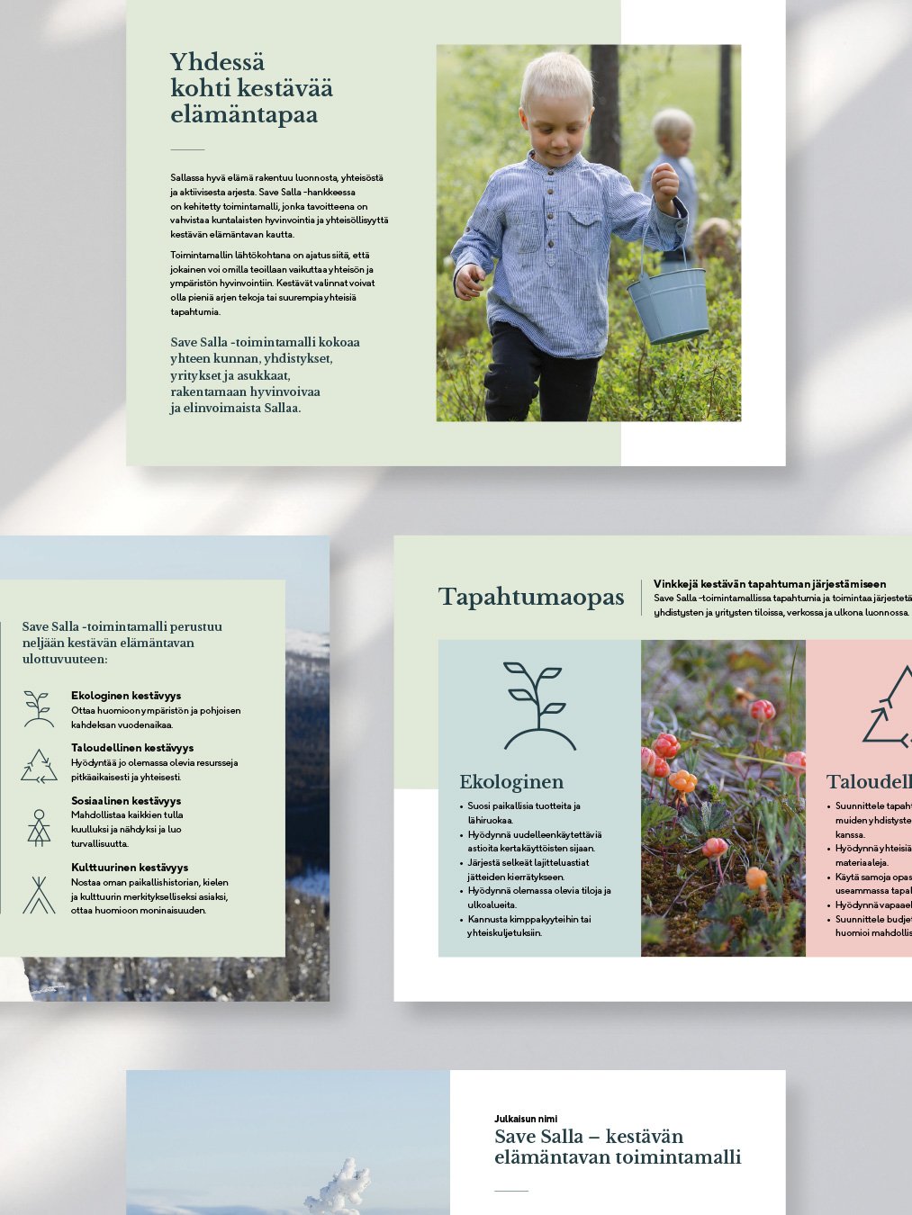 Esimerkkisivuja saavutettavasta oppaasta. Studio Behm taittoi Sallan kunnan Save Salla-hankkeelle 11-sivuisen digitaalisen oppaan, jossa keskityttiin kestävän elämäntavan periaatteisiin.