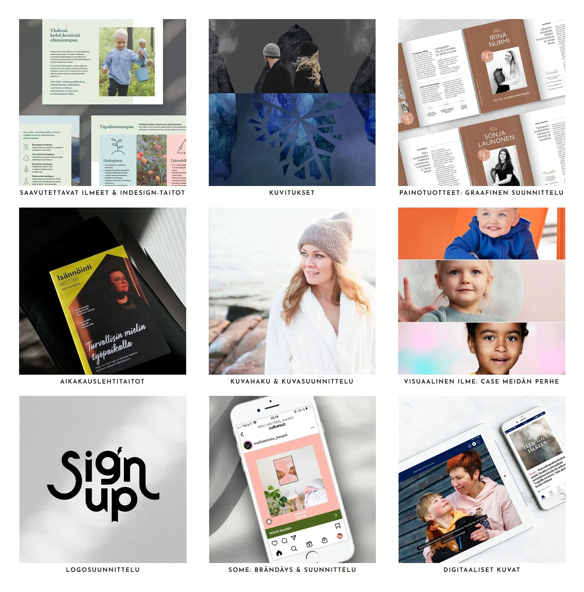 Mainostoimisto Studio Behmin portfolio. Näet portfoliosta työnäytteitä mm. saavutettavista ilmeistä, kuvituksista, painotuotteiden graafisesta suunnittelusta ja aikakauslehtien taitosta.