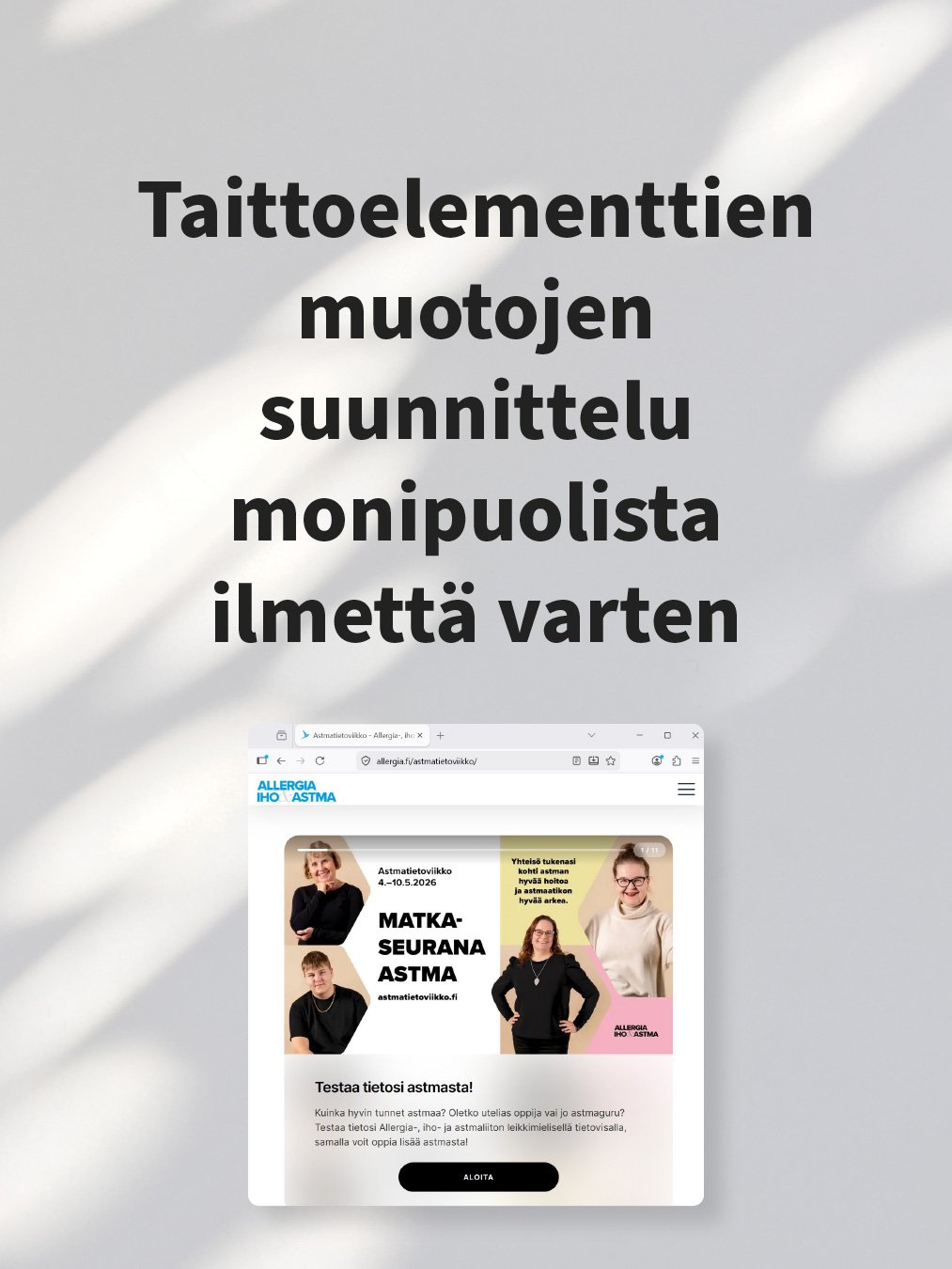 Astmatietoviikon ilmeen konseptointi Studio Behm, art director Niina Behm. Asiakas: Allergia-, iho- ja astmaliitto.