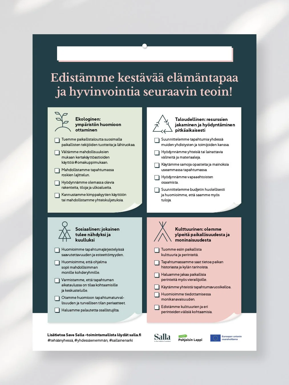 Sallan Kunnan Save Salla -hankkeelle suunniteltu saavutettava juliste, jossa väliotsikoina ekologinen, taloudellinen, sosiaalinen ja kulttuurinen. Taitto Studio Behm.