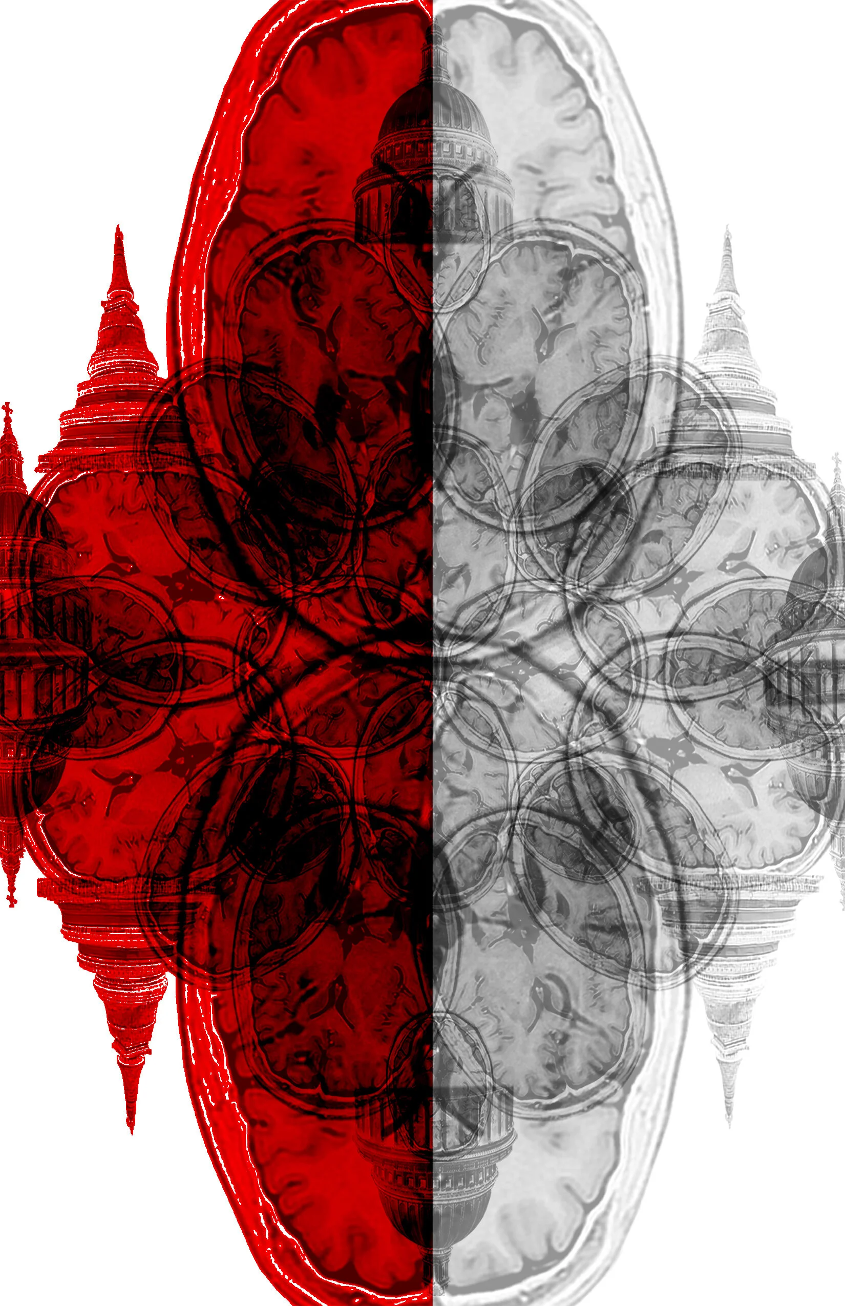 The cover art for The Memory Project: an intersecting collage of images of the human brain, a Thai temple pagoda, and the spire of St Paul's Cathedral in London